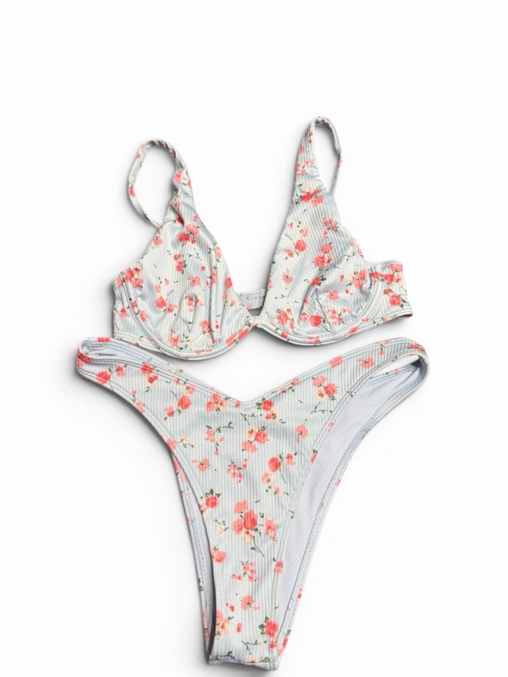 Hollister Light Blue Ribbed Bikini with Coral Floral Print
